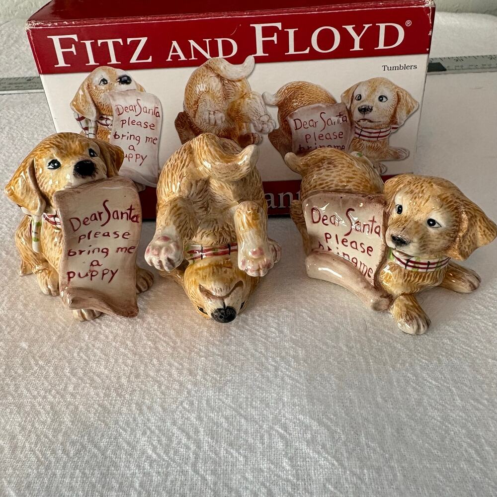 Fitz & Floyd Dear Santa Golden Retriever Christmas Puppy Figurine Set Boxed 2009